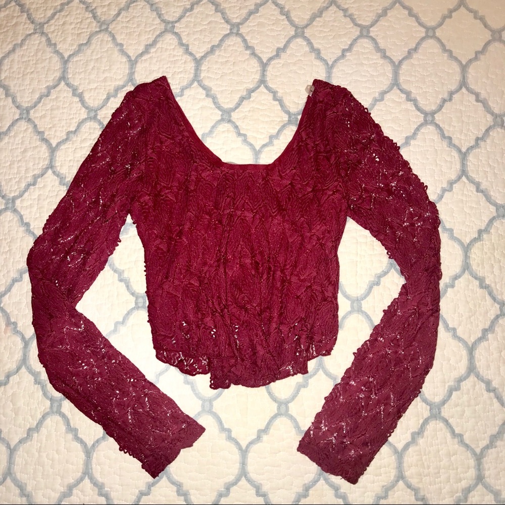 New Embroidered Red Long Sleeve Crop Top (Large)